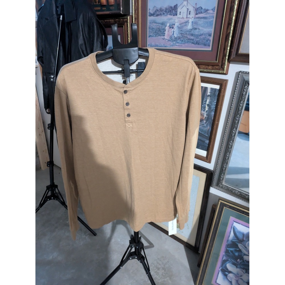 St Johns Bay Mens XL Long Sleeve Henley Shirt Tan Khaki Cotton Blend New